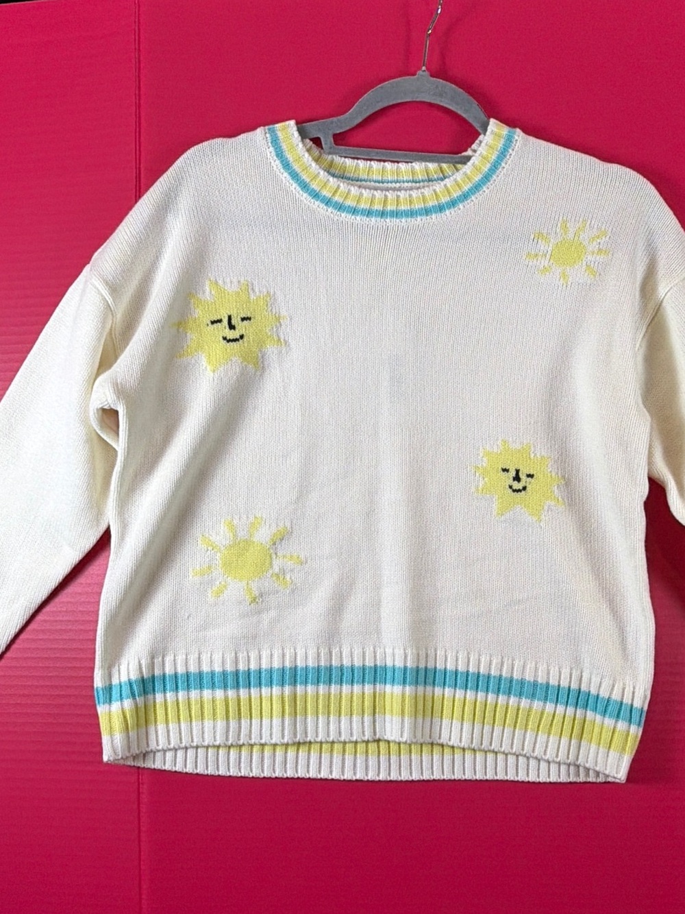 525 America Cream Crewneck Sweater with Yellow Sun Motifs and Blue & Yellow Trim
